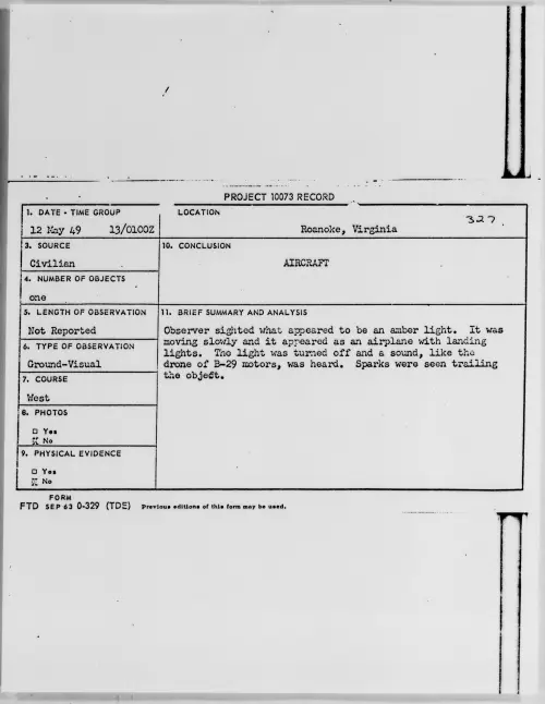 First page of Roanoke, Virginia, May 1949 - Incident Number: 327