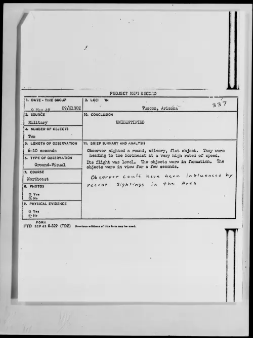 First page of Tuscon, Arizona, May 1949 - Incident Number: 337