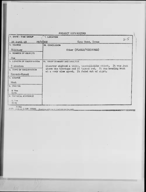 First page of Camp Hood, Texas, April 1949 - Incident Number: 315