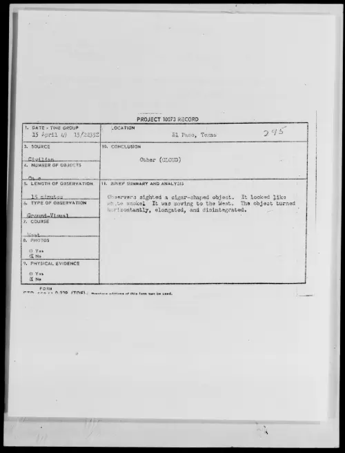 First page of El Paso, Texas, April 1949 - Incident Number: 295