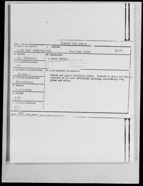 First page of Camp Hood, Texas, May 1949 - Incident Number: 328