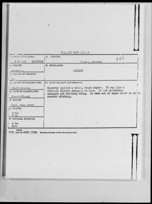 First page of Tuscon, Arizona, May 1949 - Incident Number: 358