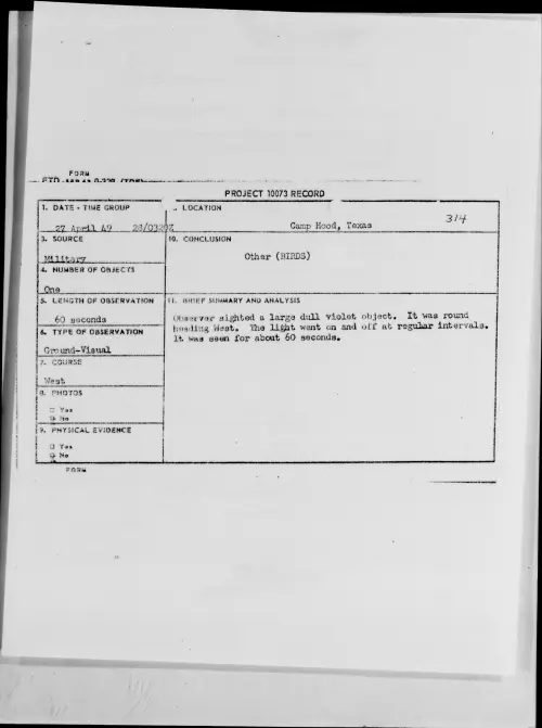 First page of Camp Hood, Texas, April 1949 - Incident Number: 314