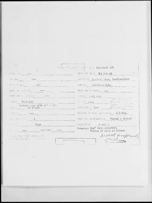 First page of Curling East, Newfoundland, February 1949 - Incident Number: 249