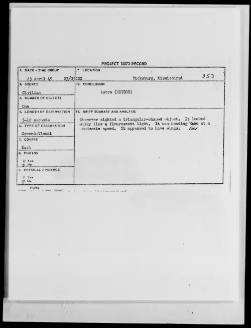 First page of Vicksburg, Mississippi, April 1949 - Incident Number: 353