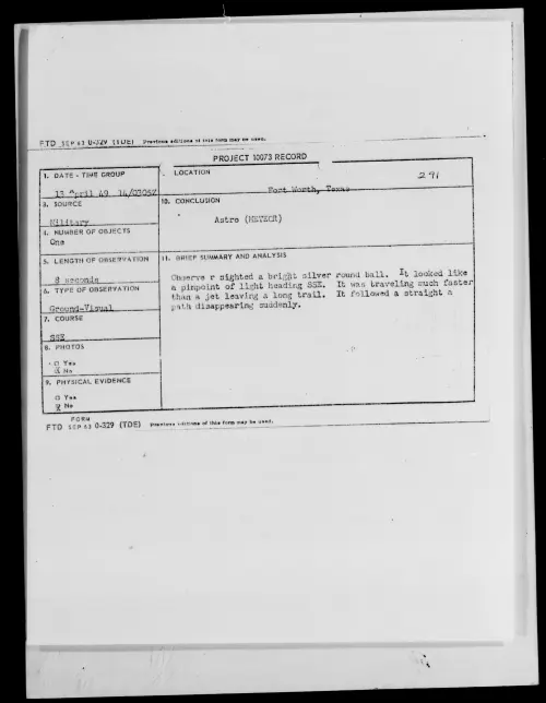 First page of Fort Worth, Texas, April 1949 - Incident Number: 291