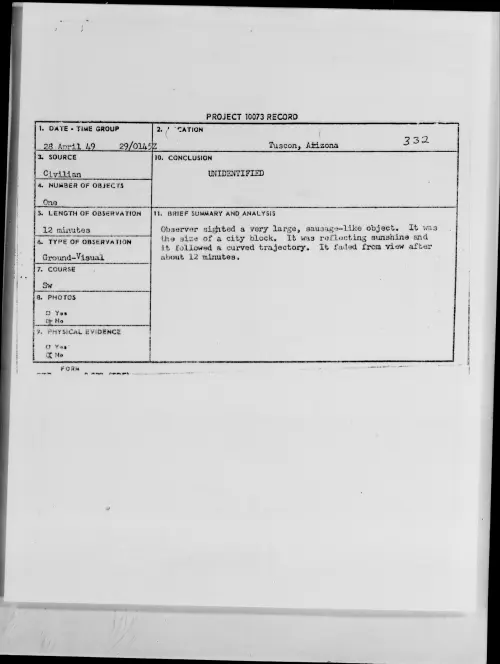 First page of Tuscon, Arizona, April 1949 - Incident Number: 332