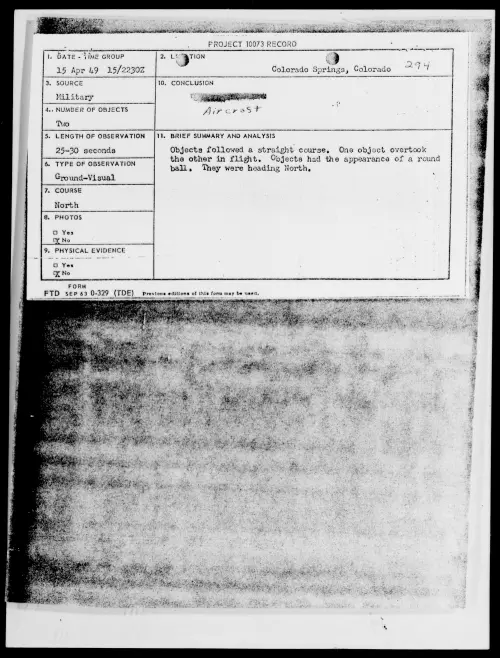 First page of Colorado Springs, Colorado, April 1949 - Incident Number: 294