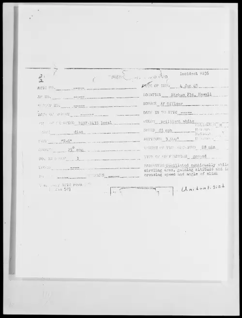 First page of Hickam Fld, Hawaii, January 1949 - Incident Number: 236