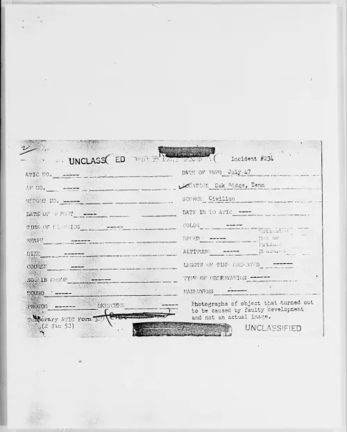 First page of Oak Ridge, Tenn, July 1947 - Incident Number: 234