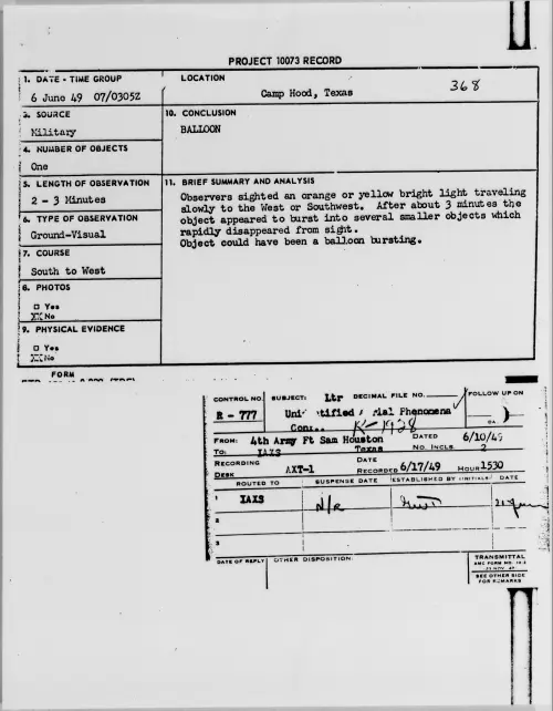 First page of Camp Hood, Texas, June 1949 - Incident Number: 368