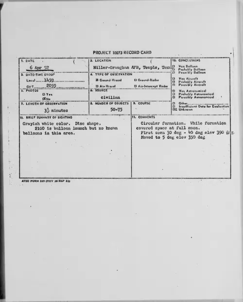 First page of Miller-Graughan AFB, Temple, Texas, April 1952