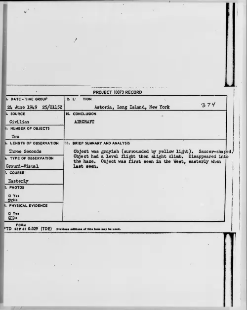 First page of Astoria, Long Island, New York, June 1949 - Incident Number: 374