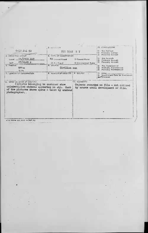 First page of NEW YORK N Y, July 1952 - Incident Number: [ILLEGIBLE]