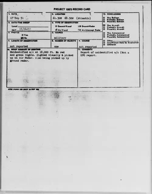 First page of 61.30N 68.50W (Atlantic), September 1951