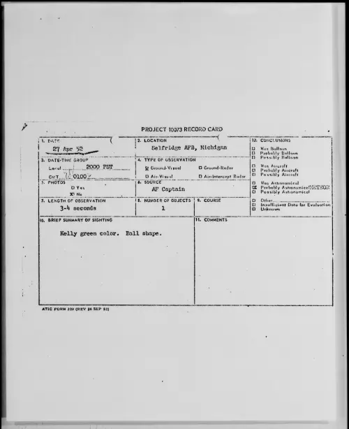 First page of Selfridge AFB, Michigan, April 1952