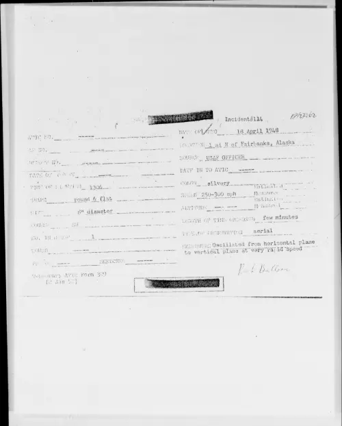 First page of 1mi N Of Fairbanks, Alaska, April 1948 - Incident Number: 114