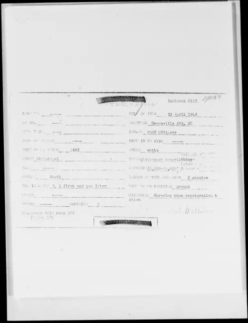 First page of Greenville AFB, SC, April 1948 - Incident Number: 115