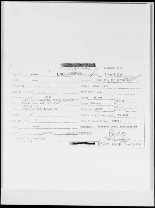 First page of 1240 3'E, 12 DEG 52'N Philipines, April 1948 - Incident Number: 111