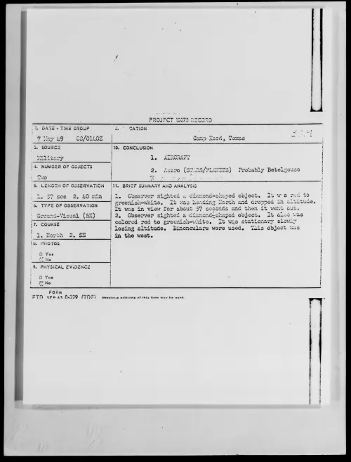 First page of Camp Hood, Texas, May 1949 - Incident Number: 329