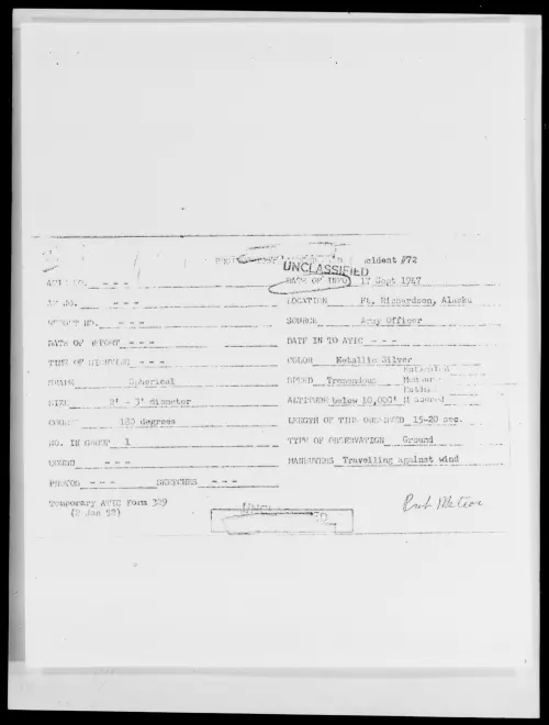First page of Ft. Richardson, Alaska, September 1947 - Incident Number: 72