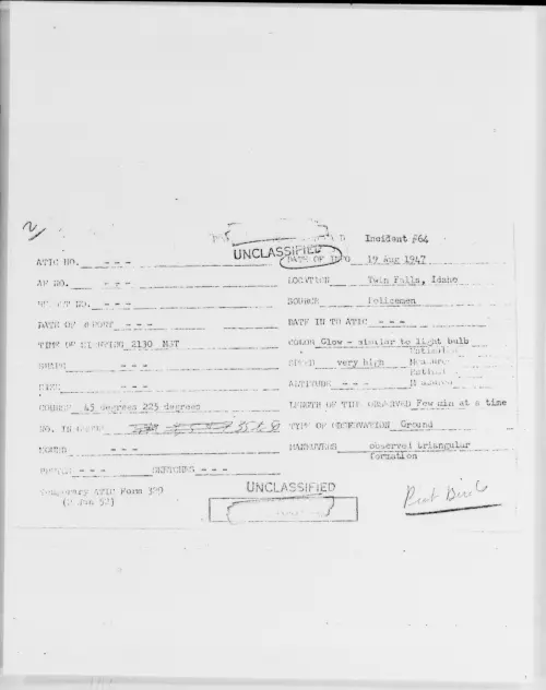 First page of Twin Falls, Idaho, August 1947 - Incident Number: 64