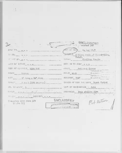 First page of 5 Miles South Of Placerville, Calif., August 1947 - Incident Number: 67