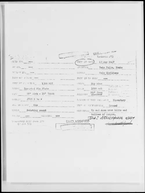 First page of Twin Falls, Idaho, August 1947 - Incident Number: 75