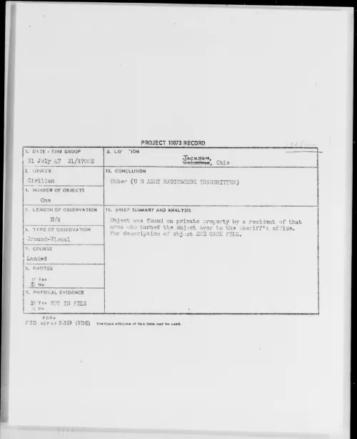 First page of Jackson, Ohio, July 1947 - Incident Number: [ILLEGIBLE]