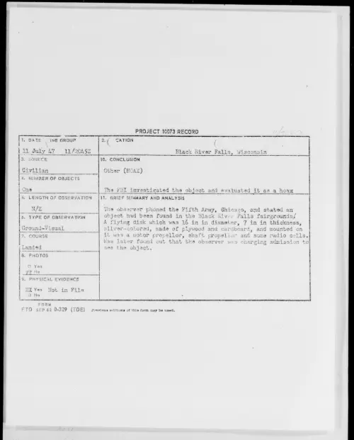 First page of Black River Falls, Wisconsin, July 1947 - Incident Number: [ILLEGIBLE]