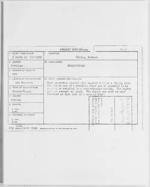 First page of Dillon, Montana, April 1949 - Incident Number: 304