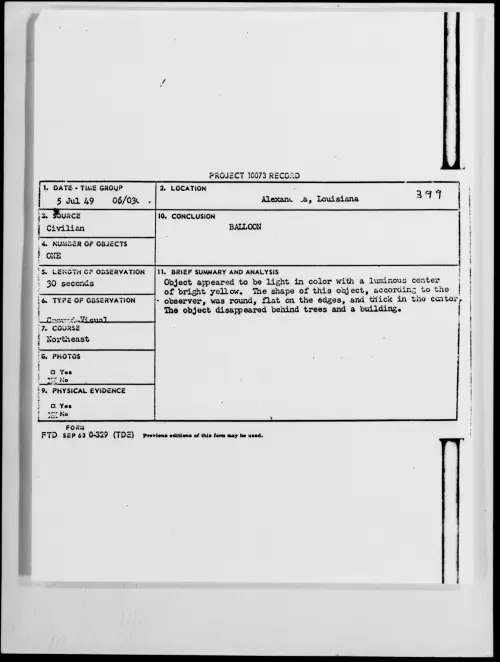 First page of Alexandria, Louisiana, July 1949 - Incident Number: 399