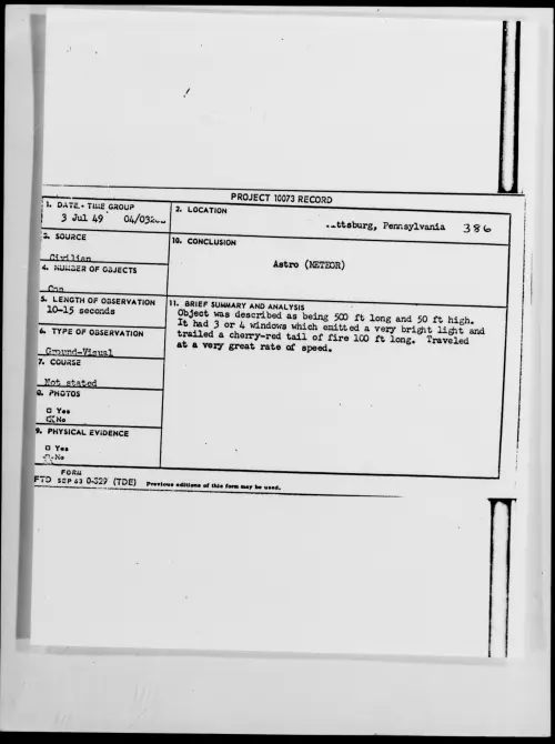 First page of Pittsburg, Pennsylvania, July 1949 - Incident Number: 386