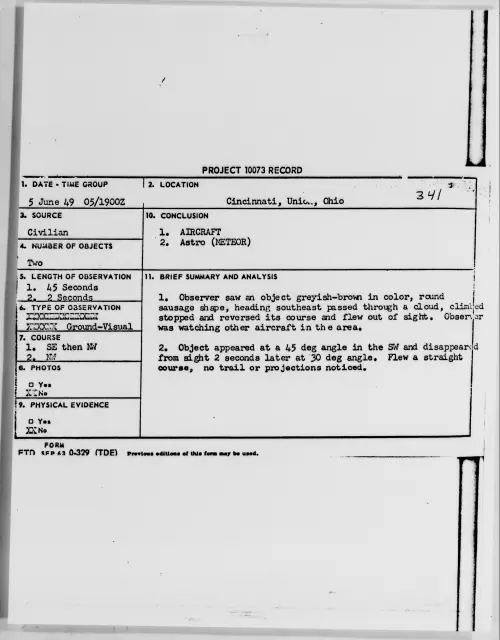 First page of Cincinnati, Union, Ohio, June 1949 - Incident Number: 341