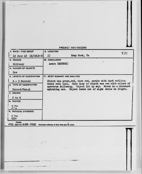 First page of Camp Hood, Texas, June 1949 - Incident Number: 371