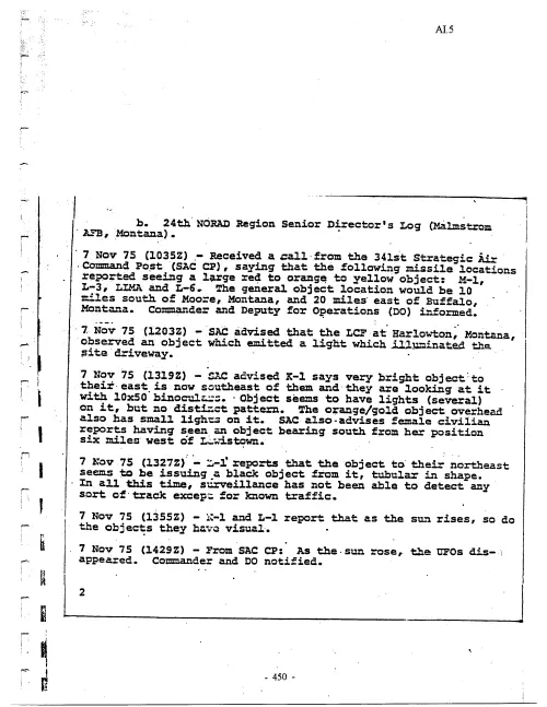 First page of Malmstrom Air Force Base Incident – March 16, 1967 NORAD logs