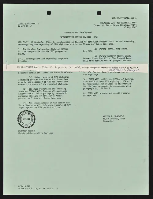 First page of AFR 80-17-OCAMA-TAFB Sup Unidentified Flying Objects (UFO)