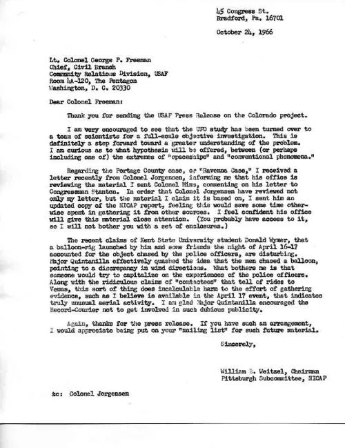 First page of NICAP Weitzel P-13 UFO Report 1966, 04, 17 US, OH Portage-County
