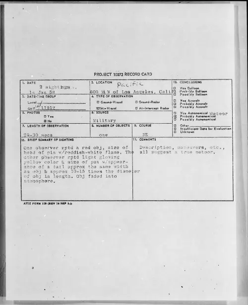 First page of 1958.01 - 6973229 - 600 Mi W of Los Angeles, Calif. Pacific