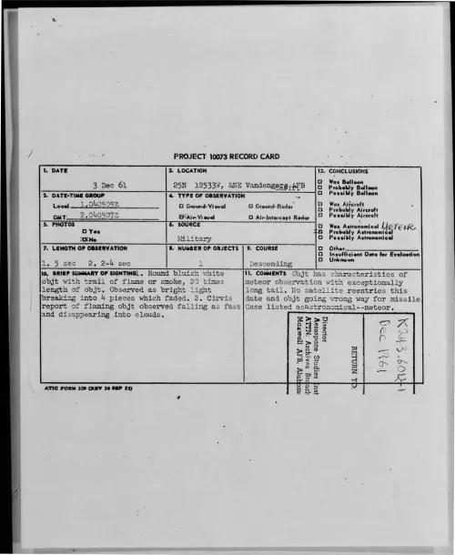 First page of 1961-12-8698653-25N12533W-andNEVandengergAFBCalif