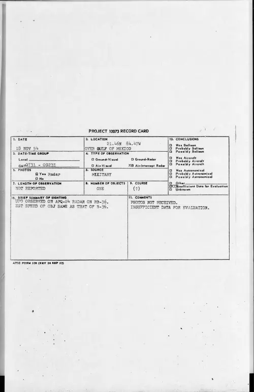 First page of 1954.11 - 6960021 - 21.46N 84.47W OVER GULF OF MEXICO