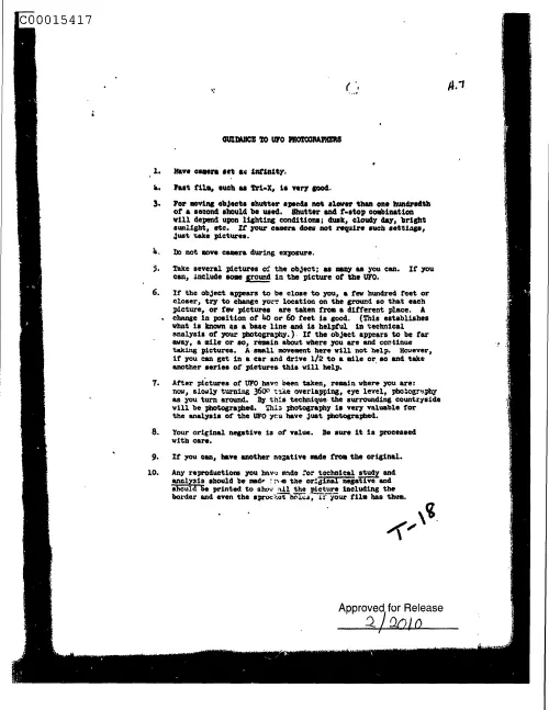 First page of CIAsX-Files-2015UFORelease - GUIDANCE TO UFO PHOTOGRAPHERS (PUBD IS UNKNOWN) DOC_0005516051