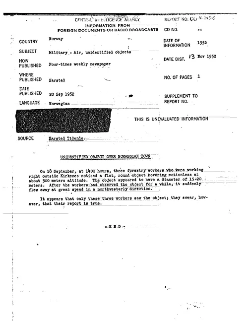 First page of CIAUFO - UNIDENTIFIED OBJECT OVER NORWEGIAN TOWN