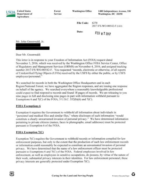 First page of USForestServiceUFOFiles - 2017-FS-WO-00542-F-Greenewald